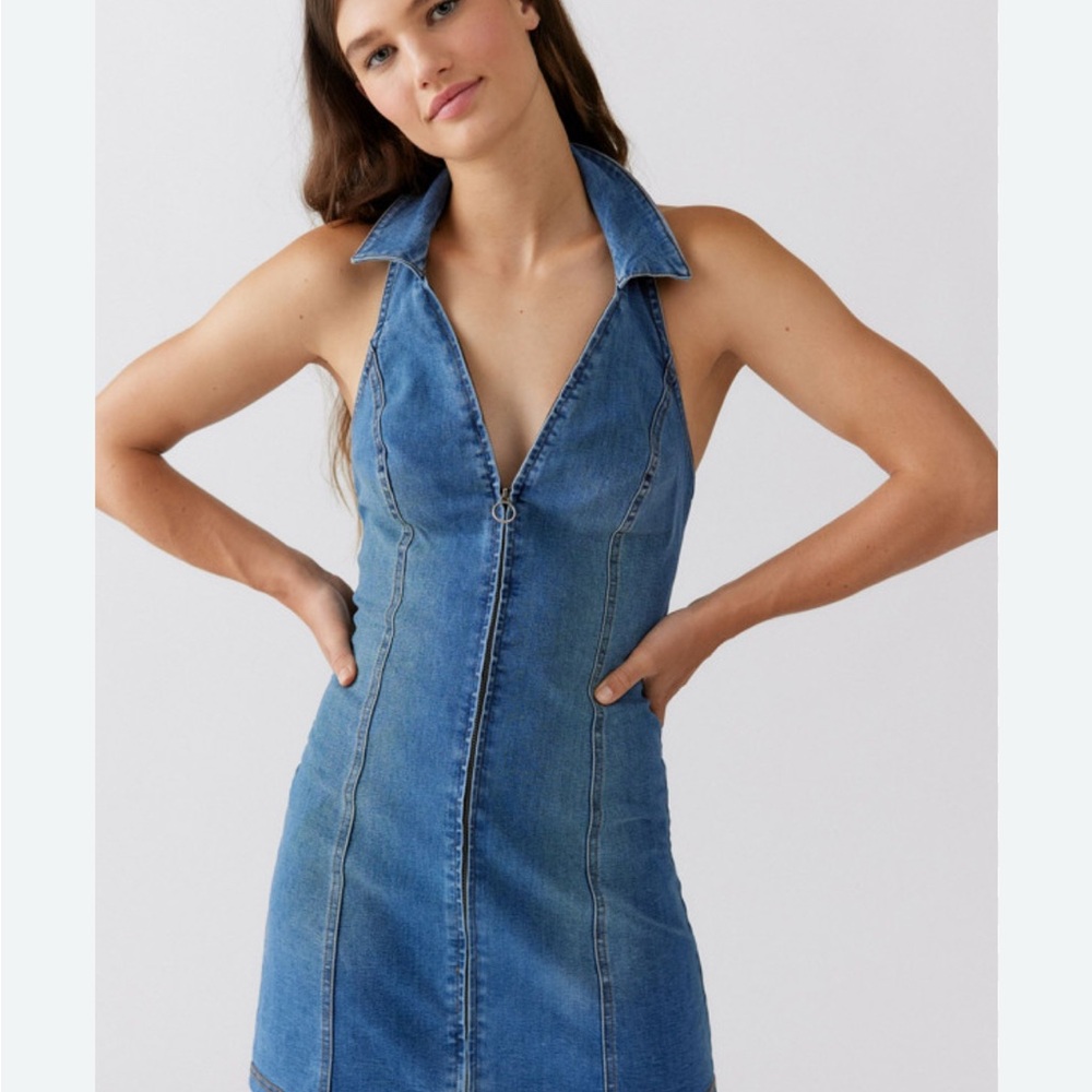 Urban Outfitters Denim Halter Zip-Front Dress